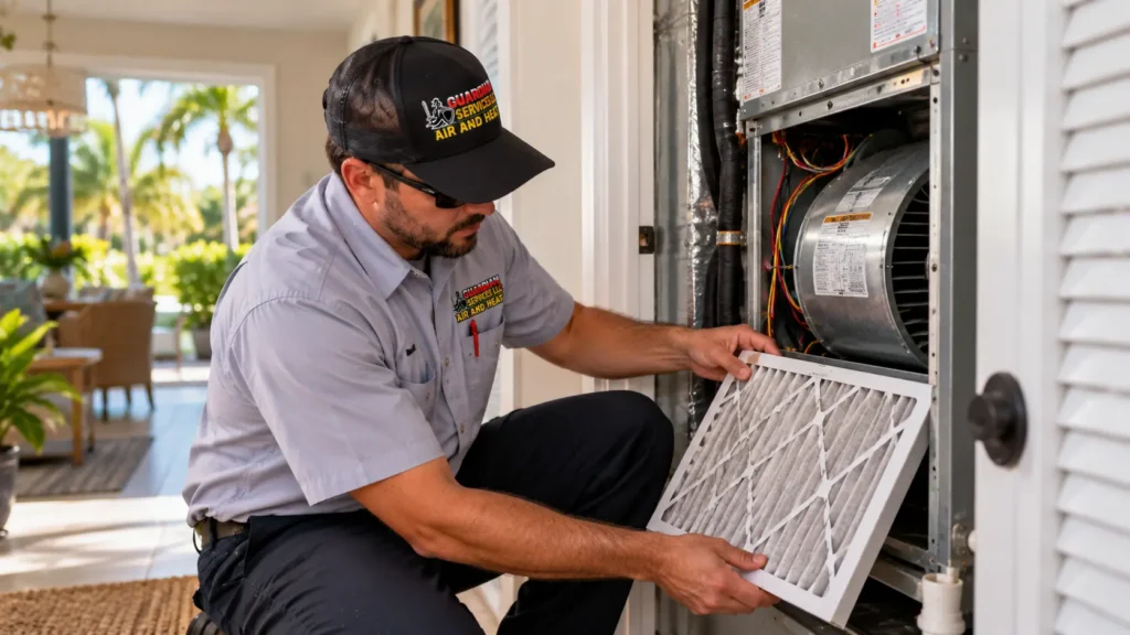 HVAC technician inspecting a dirty air filter beside an indoor air handler during AC maintenance in Lake Washington, FL.