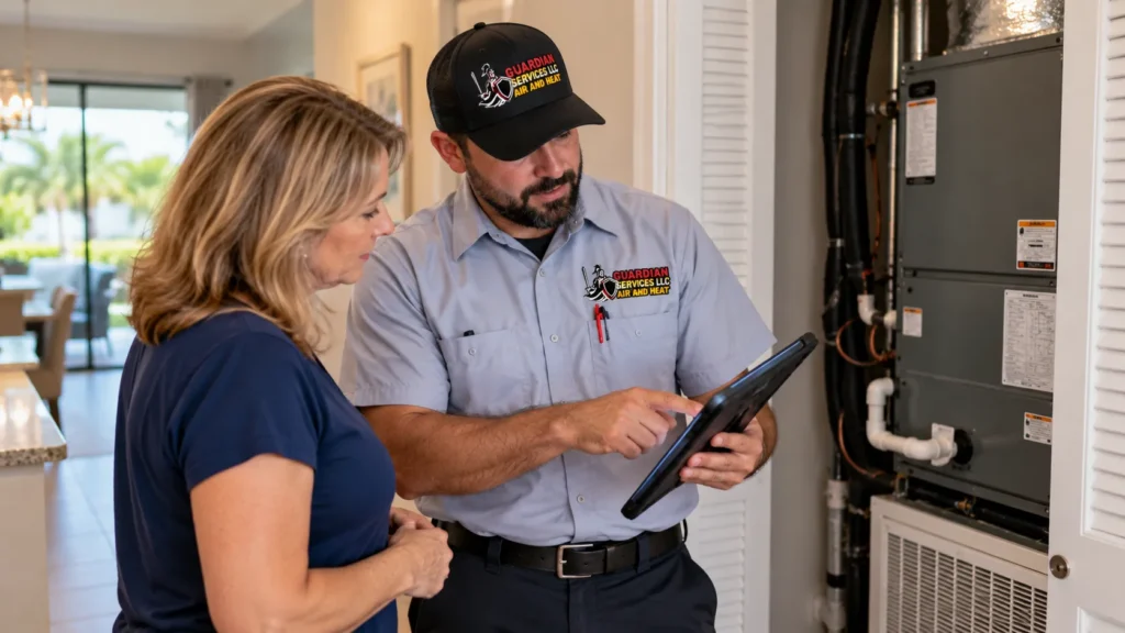 Guardian Services LLC technician reviewing AC maintenance findings on a tablet with a homeowner in Lake Washington, FL. AC Maintenance near me