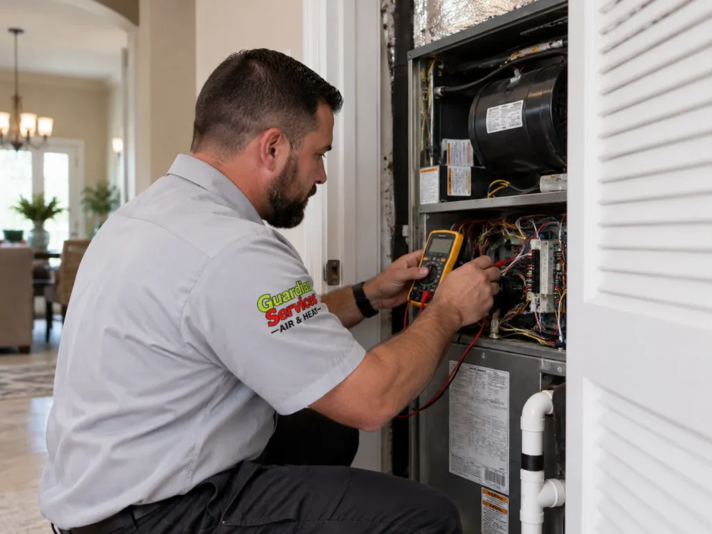 HVAC technician inspecting the blower assembly inside a residential air handler in Suntree, FL.
