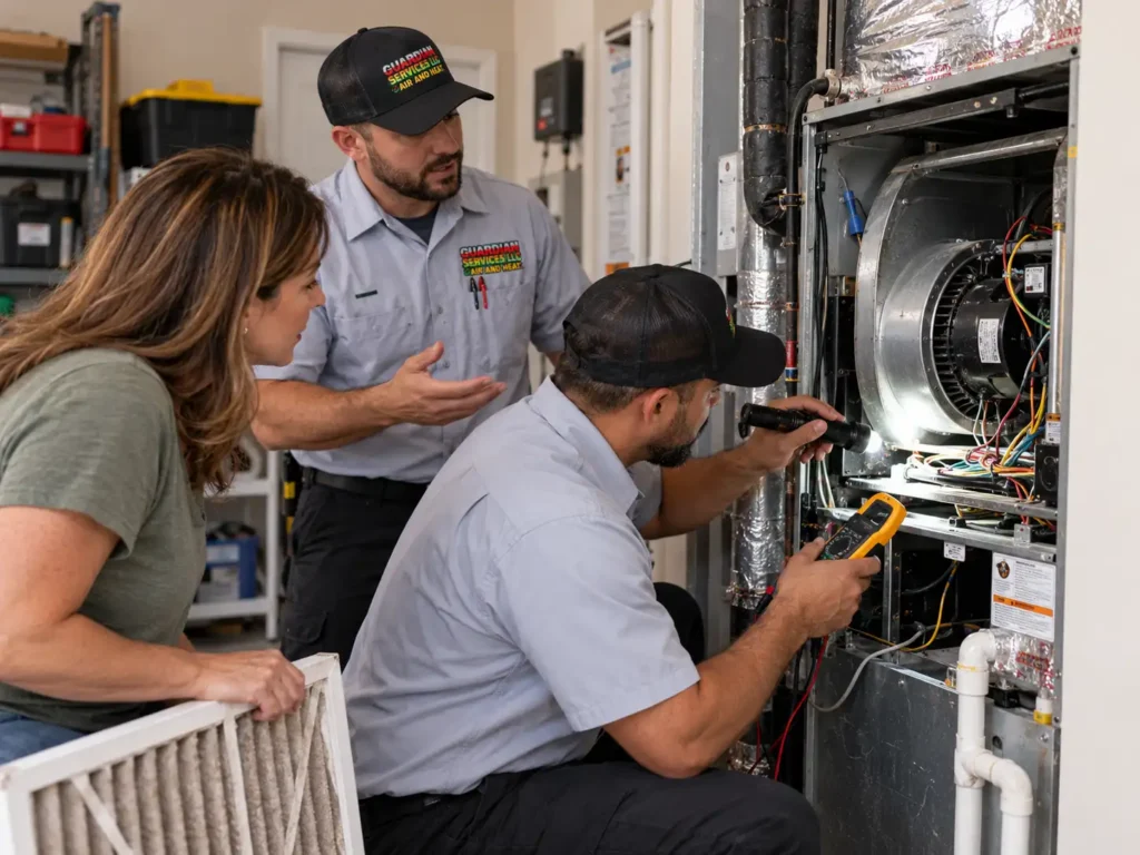 Two Guardian Services LLC technicians inspecting an indoor furnace blower assembly in West Melbourne, FL.