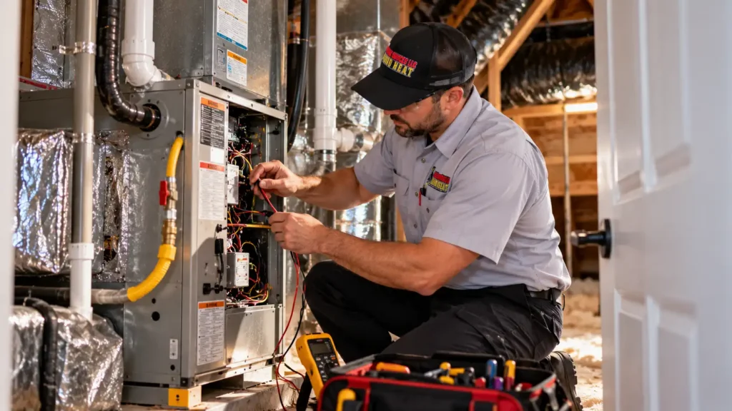 HVAC technician testing furnace electrical components with a multimeter during heating repair in Palm Bay, FL.