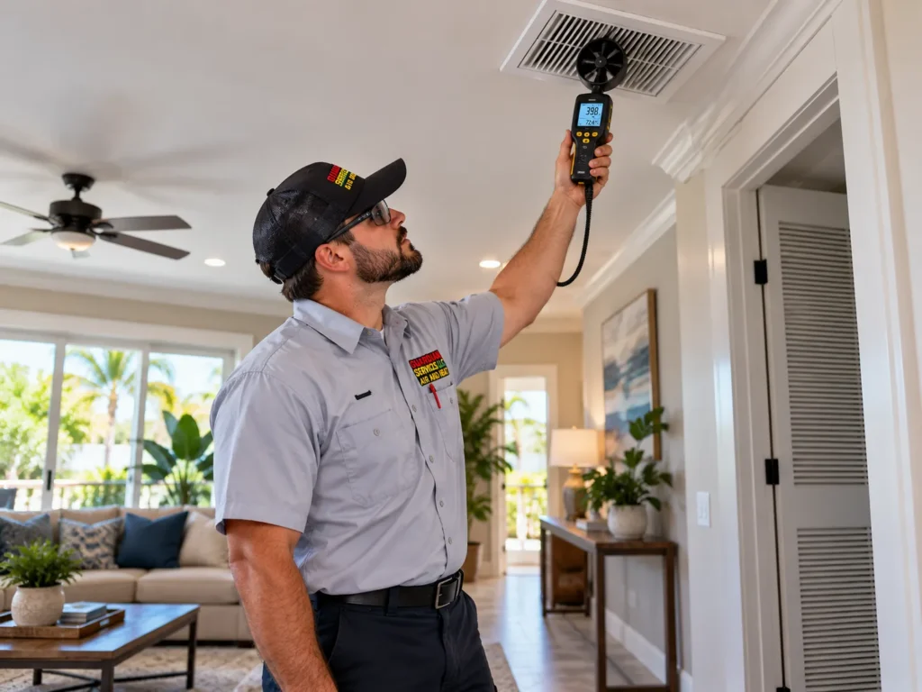 Guardian Services LLC technician measuring airflow at a ceiling vent during heating diagnostics in Rockledge, FL. Heating repair near me