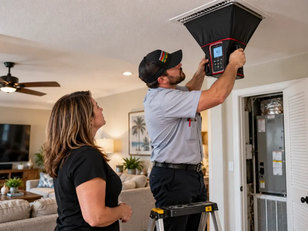 HVAC technician testing airflow at a ceiling vent while a homeowner observes in West Melbourne, FL. Heating repair near me