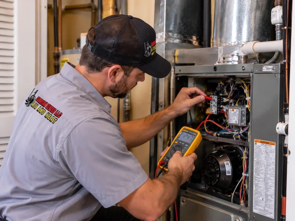 HVAC technician checking heating system wiring and blower motor connections using a multimeter in Melbourne, FL.