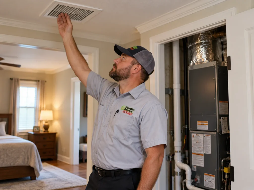 Guardian Services LLC technician measuring indoor airflow to assess heating system performance in Suntree, FL. Heating repair near me