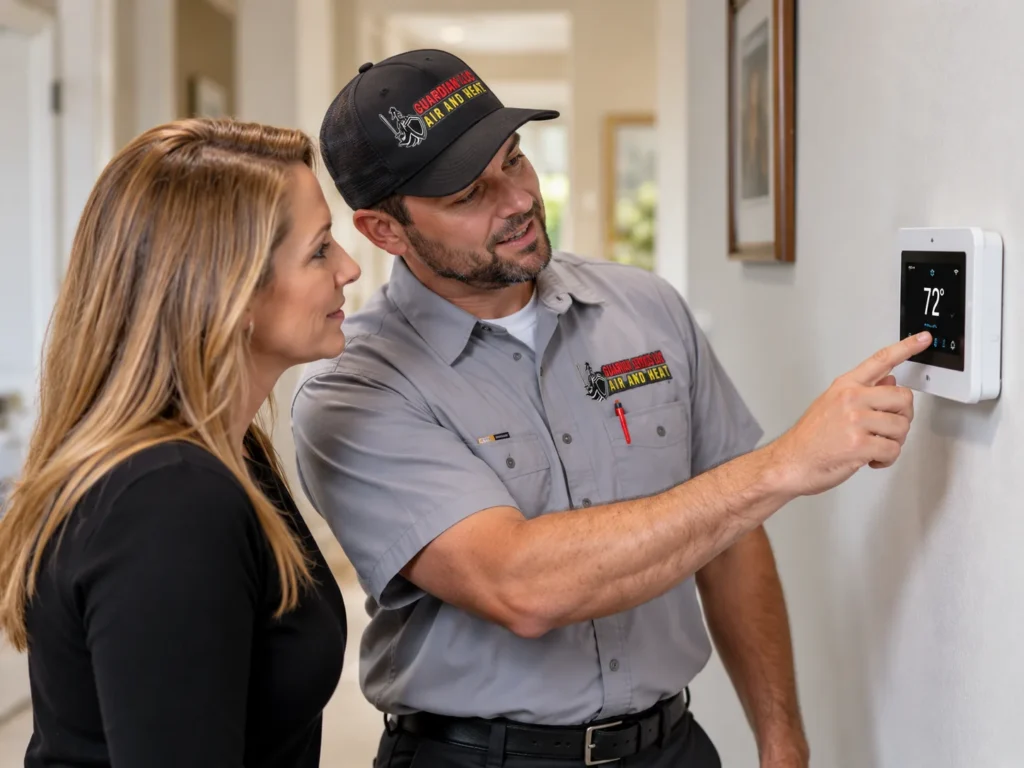 Guardian Services LLC technician explaining thermostat controls to a homeowner during heating repair in Melbourne, FL. Heating repair near me
