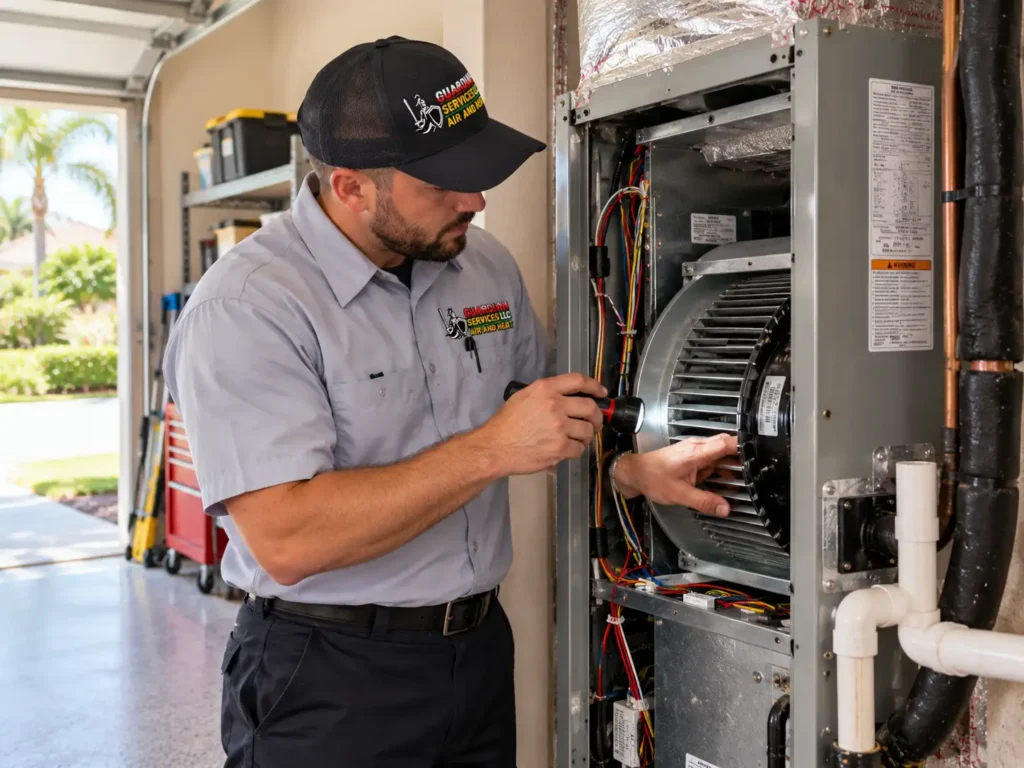 HVAC technician inspecting the blower and internal components of a residential air handler in Rockledge, FL.