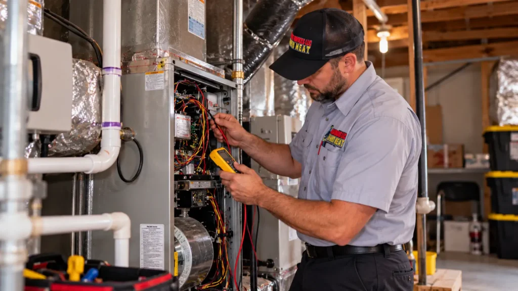 Guardian Services LLC technician explaining heating thermostat settings to a homeowner in Palm Bay, FL. Heating repair near me